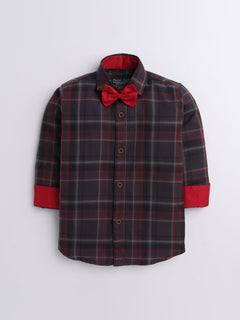 Polka Tots checks full sleeves shirt with blue bow tie elbow patch - Red