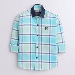 Polka Tots full sleeves checks shirt with denim collar denim elbow patch - Blue
