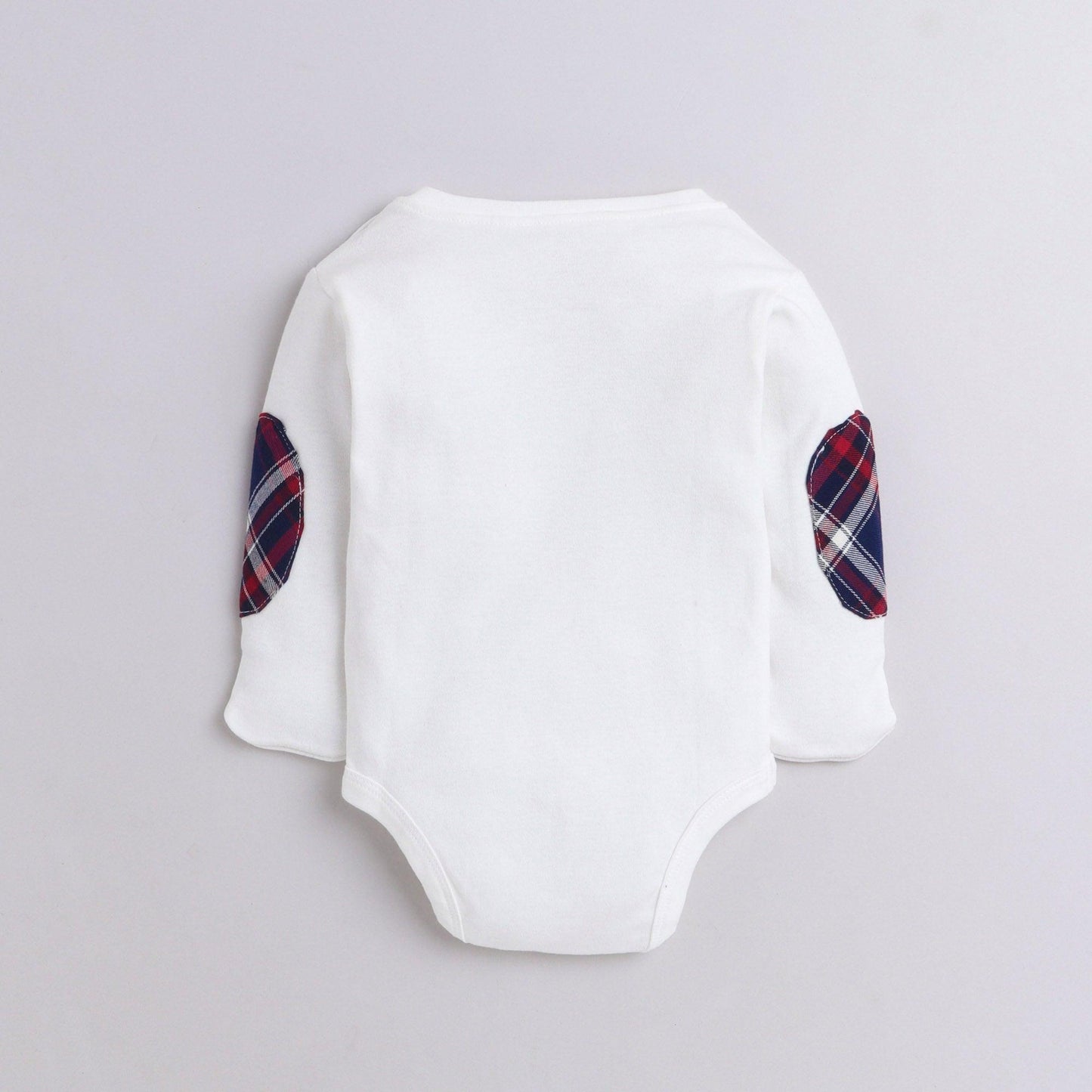 Polka Tots Full Sleeve Romper Onesie with elbow checks patches and bow tie with Folded Mittens 100% Super Soft Cotton White