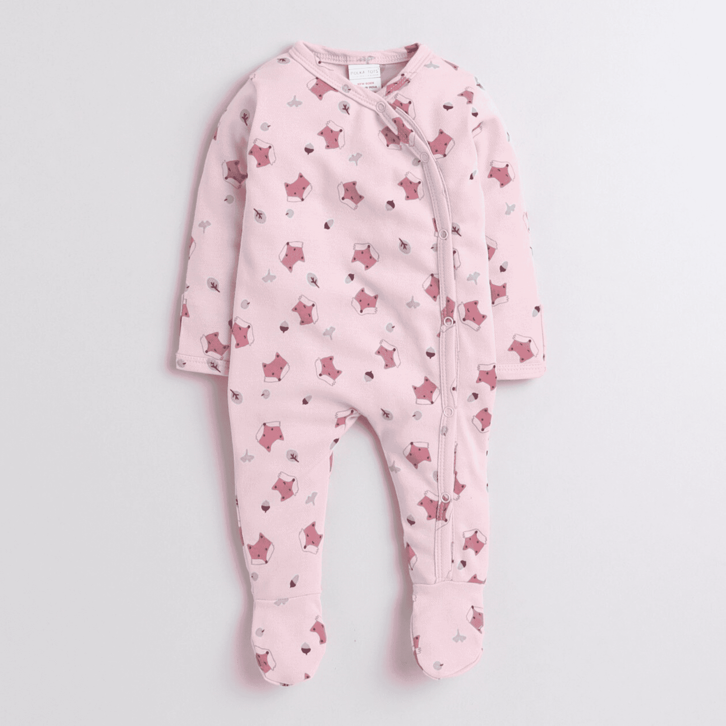 Polka Tots Full sleeve Fox Star All Over Print Footsie - Pink