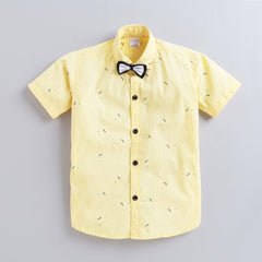 Polka Tots Half Sleeves All Over Leaves Printed Shirt With Bow Tie - Yellow
