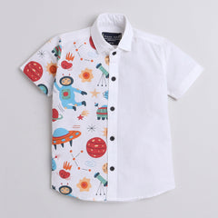 Polka Tots Cotton Regular Fit Half Printed Space Theme Multi Colour Shirt - White