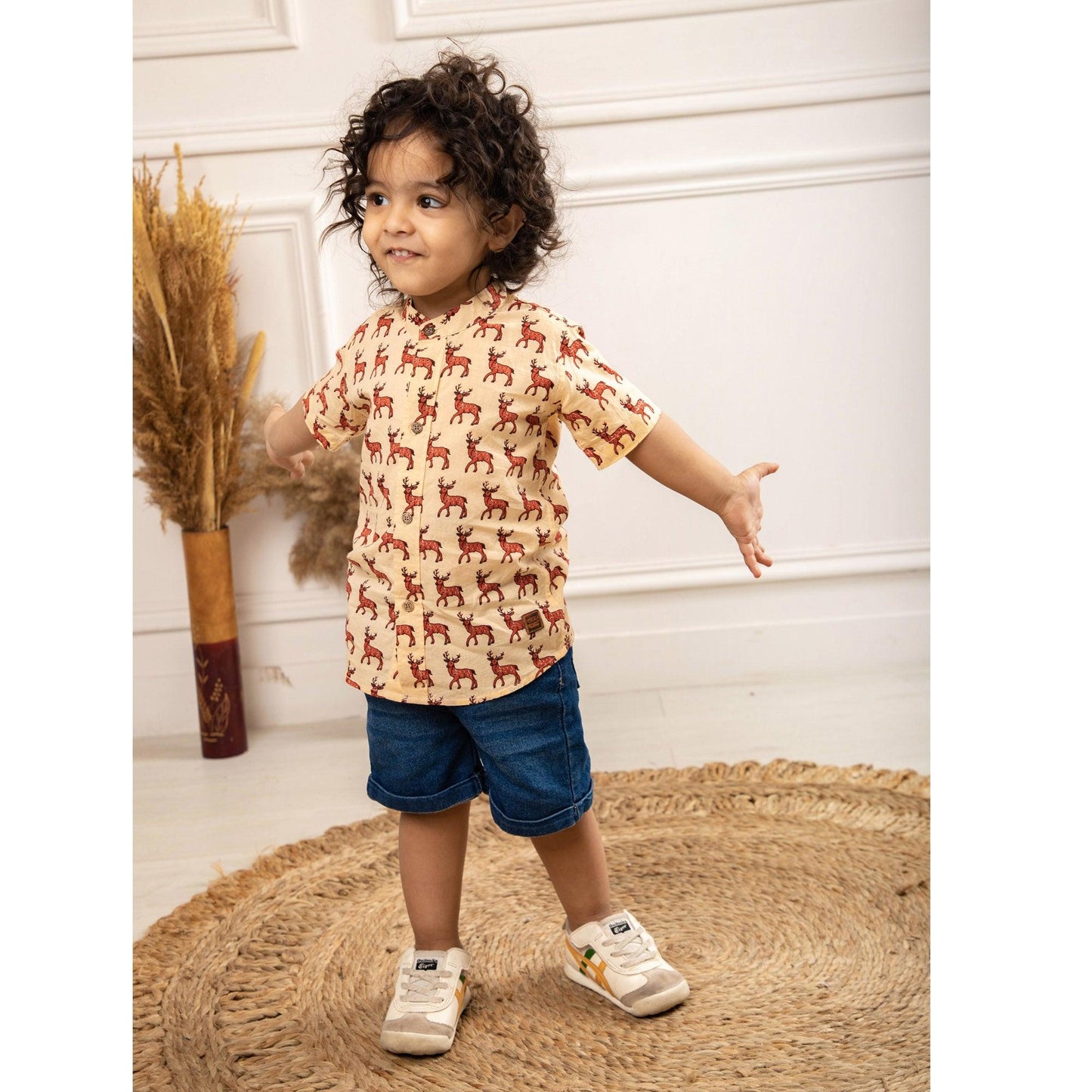 Polka Tots Regular Fit Half Sleeves Reindeer Print Shirt - Khakhi