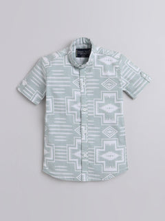 Polka Tots Cotton Regular Fit Half Sleeve Chinese Collar Geometric Print Shirt - Light Pista
