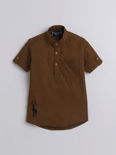 Polka Tots Cotton Regular Fit Half Sleeve Kurta Rein Deer Embroidery - Brown
