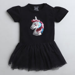 Polka Tots Half Sleeve Romper Onesie Sequence Unicorn Head - Black