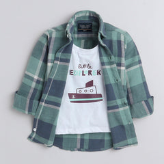 Polka Tots Cotton Regular Fit Full Sleeve Little Explorer Print Shirt Attached With Tshirt - Sea Blue & Grey