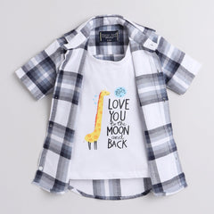 Polka Tots Half Sleeve Checks Shirt Attached T shirt Love You To Moon Print - White