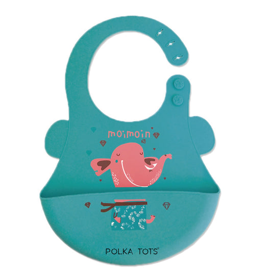 Polka Tots Waterproof Silicone Bibs with Pocket and Adjustable Snaps (Green Elephant)