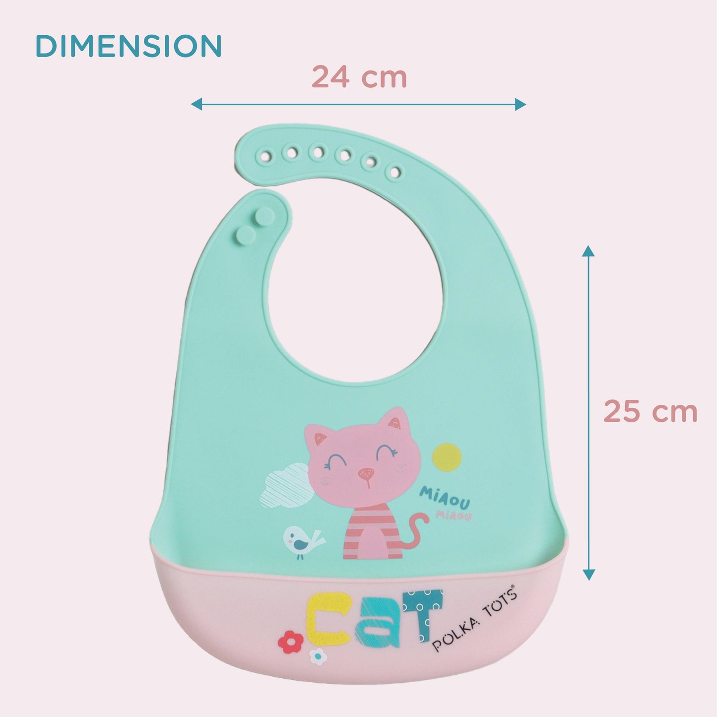 Polka Tots Waterproof Silicone Bibs with Pocket and Adjustable Snaps (Green Cat)