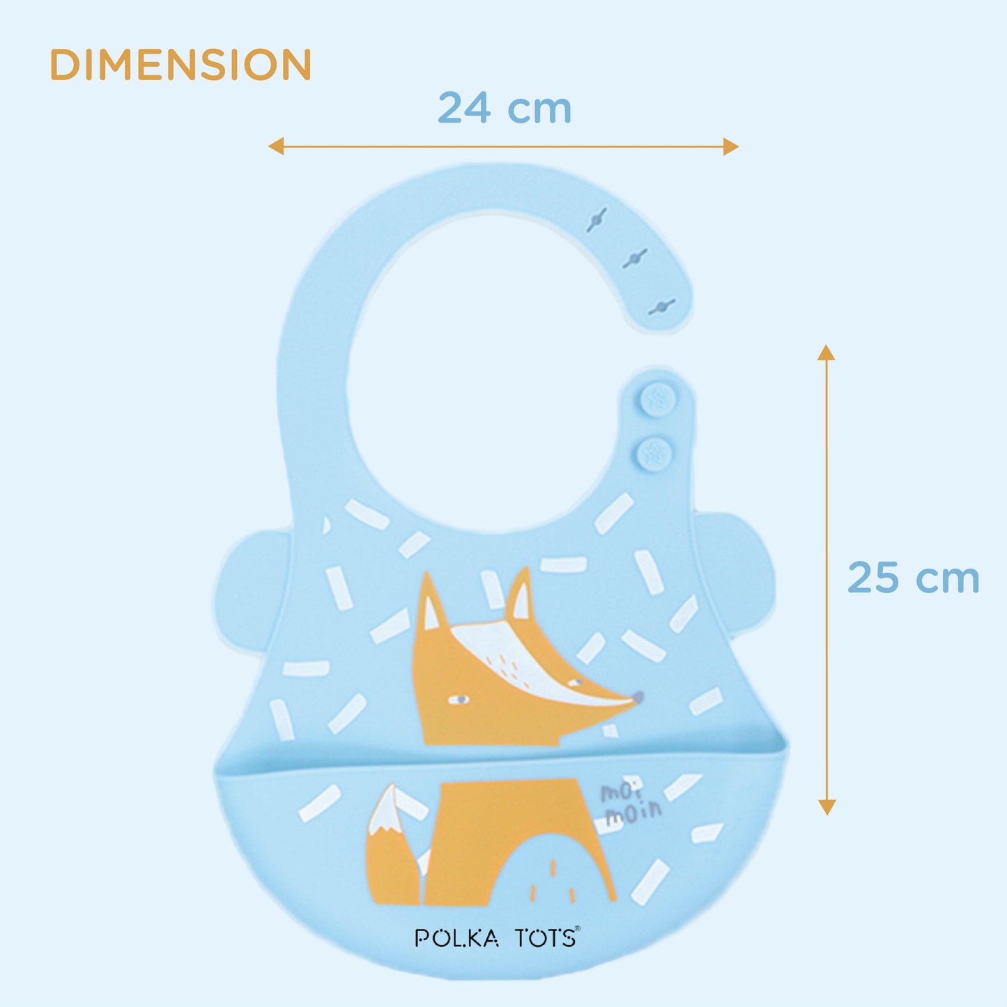 Polka Tots Waterproof Silicone Bibs with Pocket and Adjustable Snaps (Blue Fox)