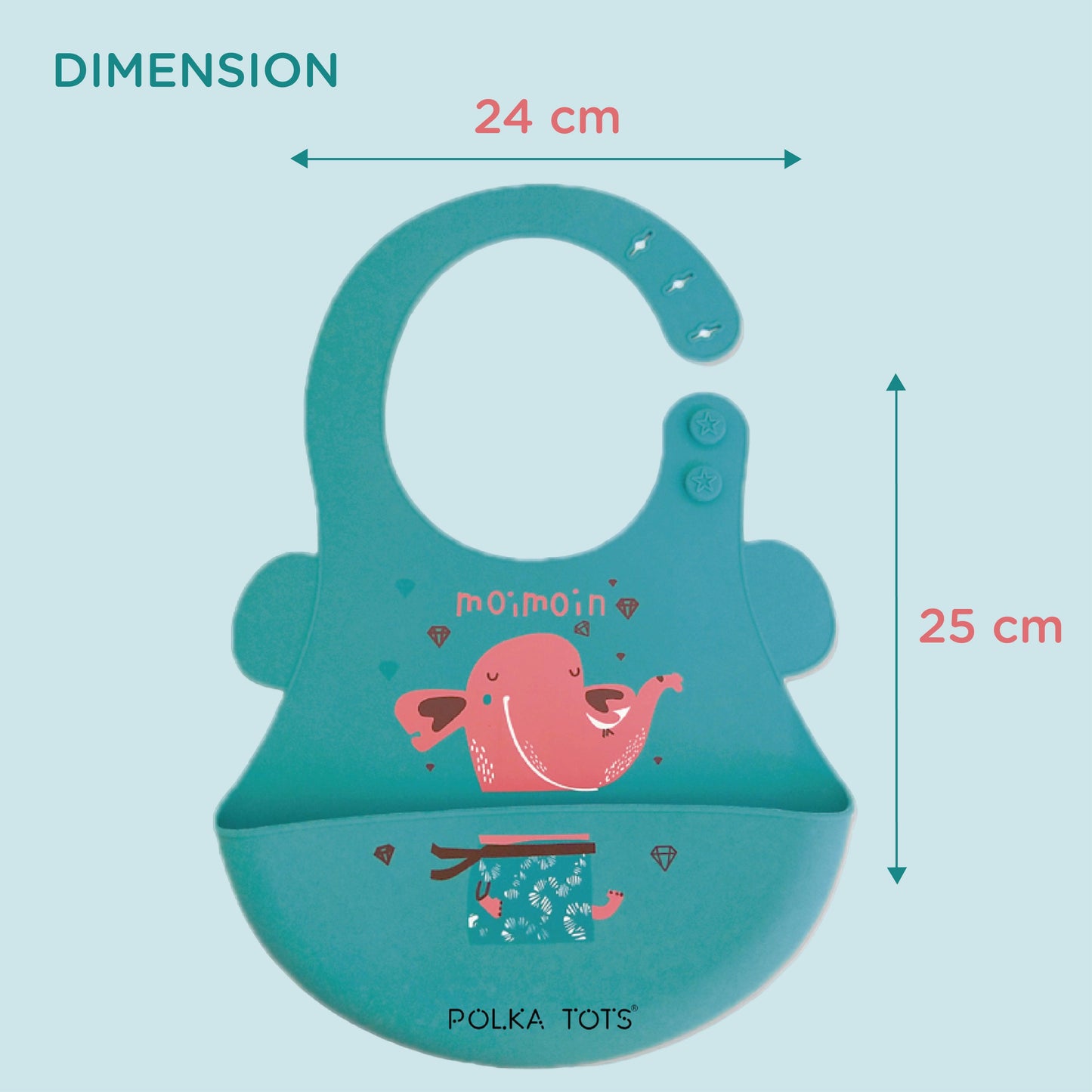 Polka Tots Waterproof Silicone Bibs with Pocket and Adjustable Snaps (Green Elephant)