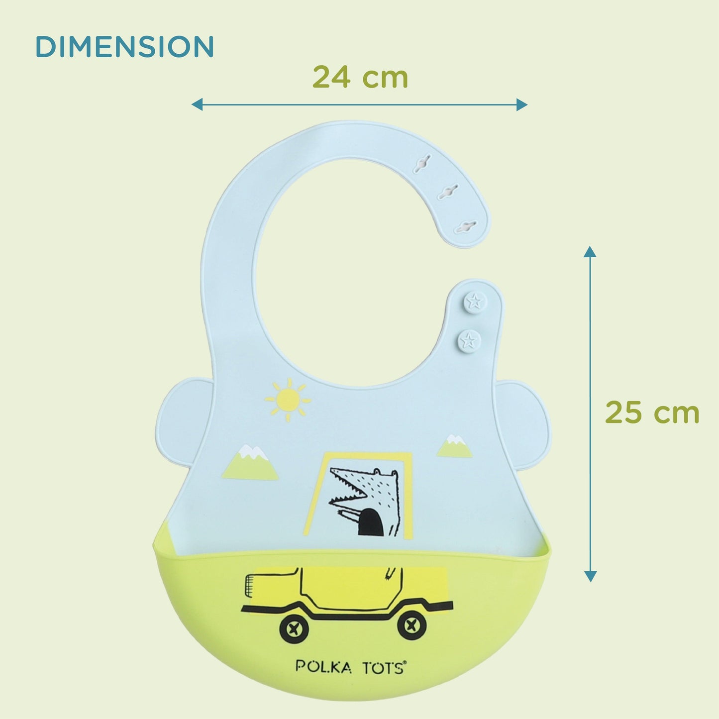 Polka Tots Waterproof Silicone Bibs with Pocket and Adjustable Snaps (Green Car)