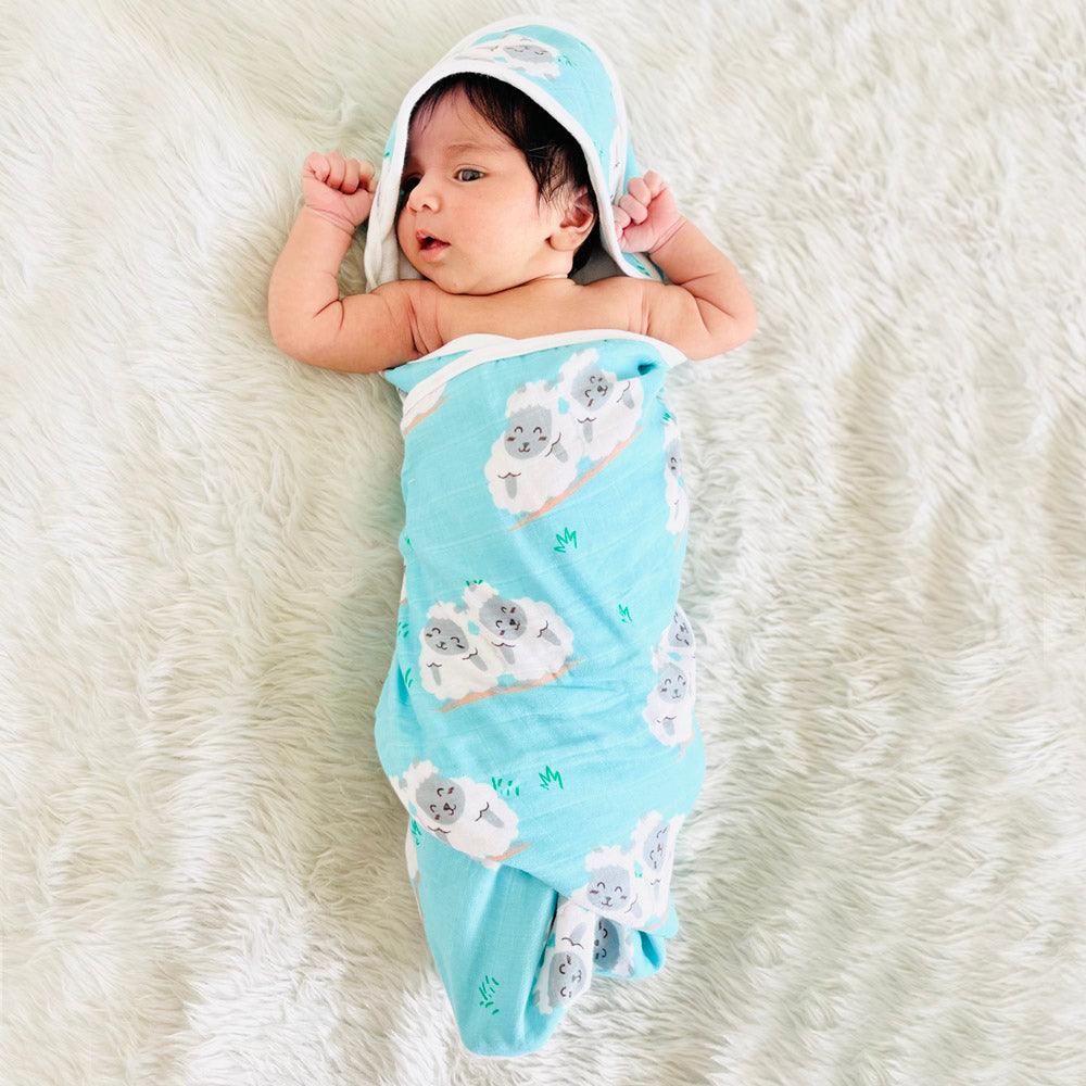 POLKA TOTS Soft Organic Dual Layer Muslin Cotton and Terry Hooded Baby Towel Soft Absorbent (Sheep)