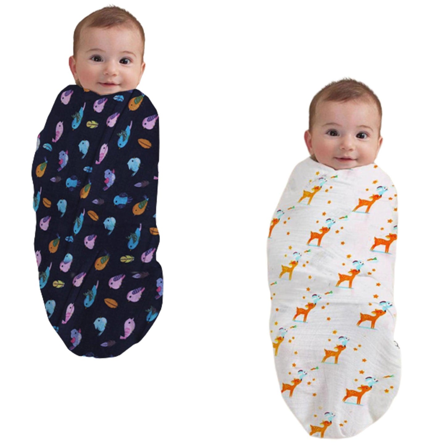 Polka Tots Organic Cotton Swaddle Wrap Bird & Deer Design Large Size 120 x 120 CM (Pack of 2)