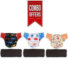 Combo of Bamboo Charcoal Reusable Cloth Diapers Cow, Umbrella and Mustache