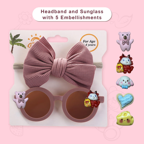 Polka Tots Baby Girls Bow Headband and Round Sunglasses Set with 5 Cute Embellishments - Wine