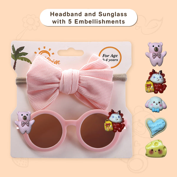 Polka Tots Baby Girls Bow Headband and Round Sunglasses Set with 5 Cute Embellishments - Baby Pink