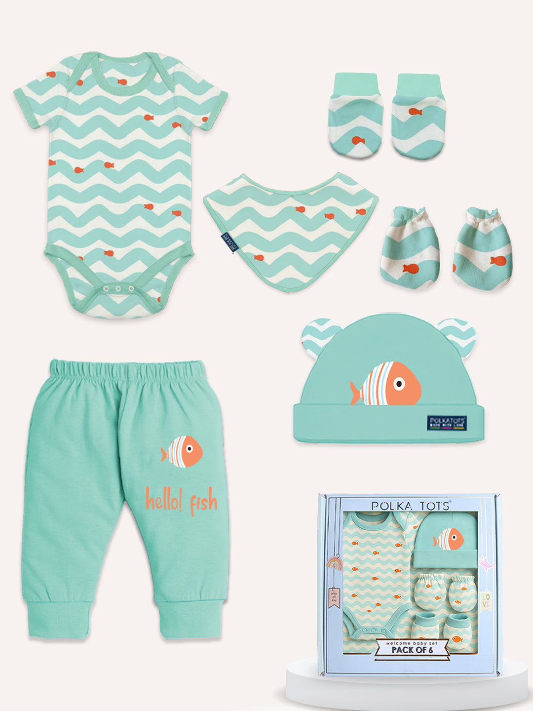 Polka Tots Pack of 6 Wave Print Mini Newborn Gift Hamper Set - Blue