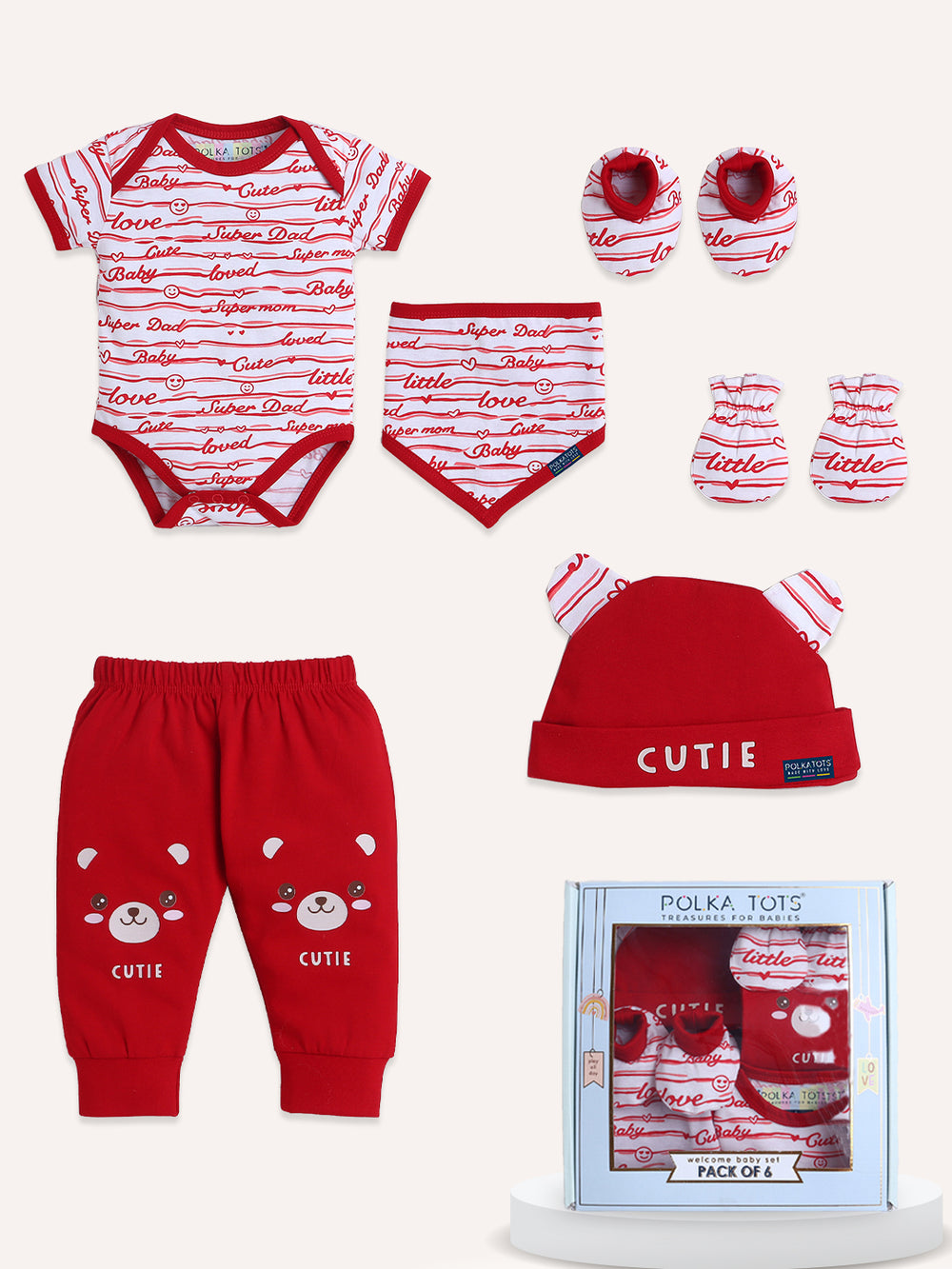 Polka Tots Pack of 6 Love Print Mini Newborn Gift Hamper Set - Red