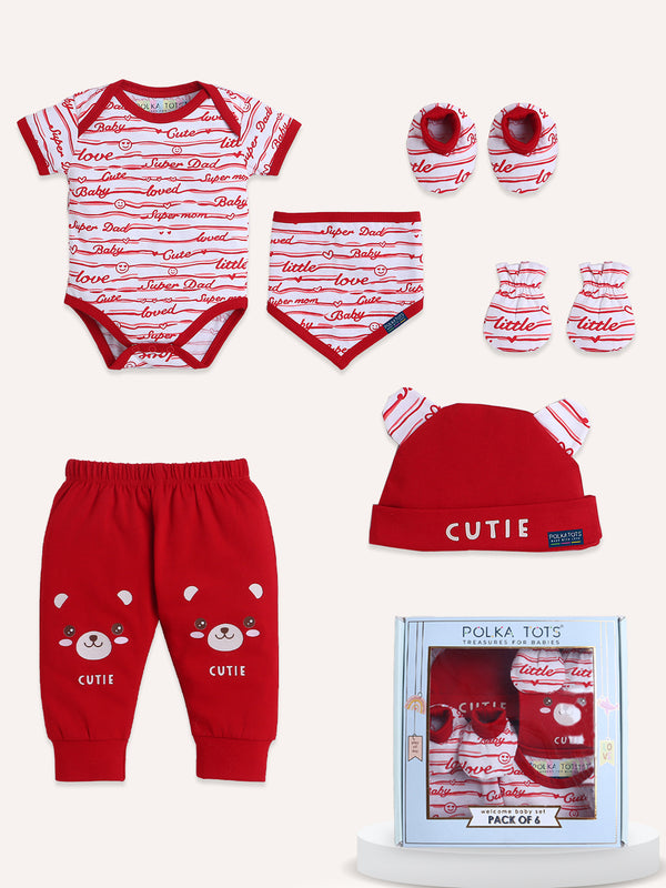 Polka Tots Pack of 6 Love Print Mini Newborn Gift Hamper Set - Red
