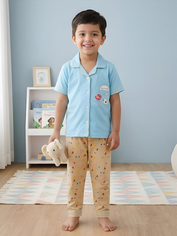Polka Tots Half sleeves Little Birdy Print Night Suit - Blue
