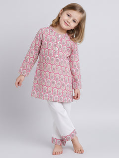 Polka Tots Pineapple print Full sleeves Nightwear Kurta pyjama set - Pink