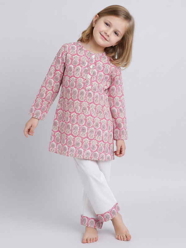 Polka Tots Pineapple print Full sleeves Nightwear Kurta pyjama set - Pink