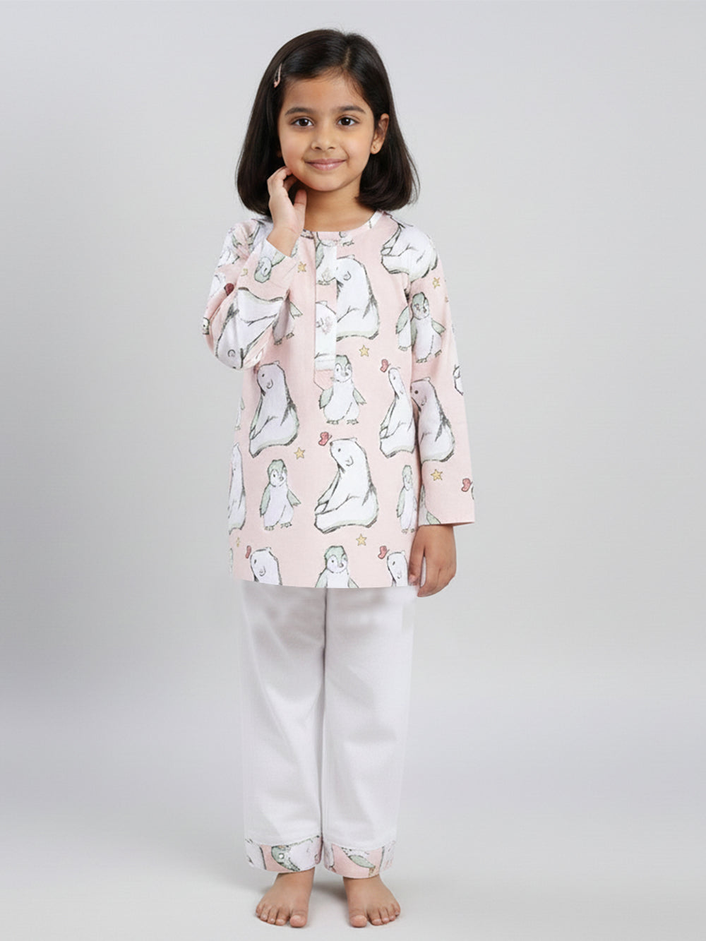 Polka Tots Bear print Full sleeves Nightwear Kurta pyjama set - White