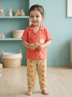 Polka Tots Half sleeves Starry Elephant Print  Night Suit - PEACH