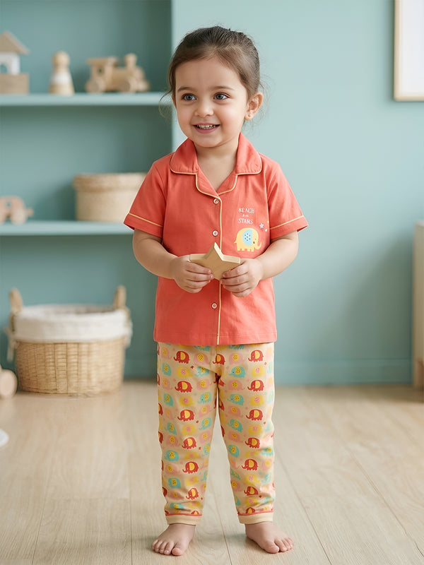 Polka Tots Half sleeves Starry Elephant Print  Night Suit - PEACH