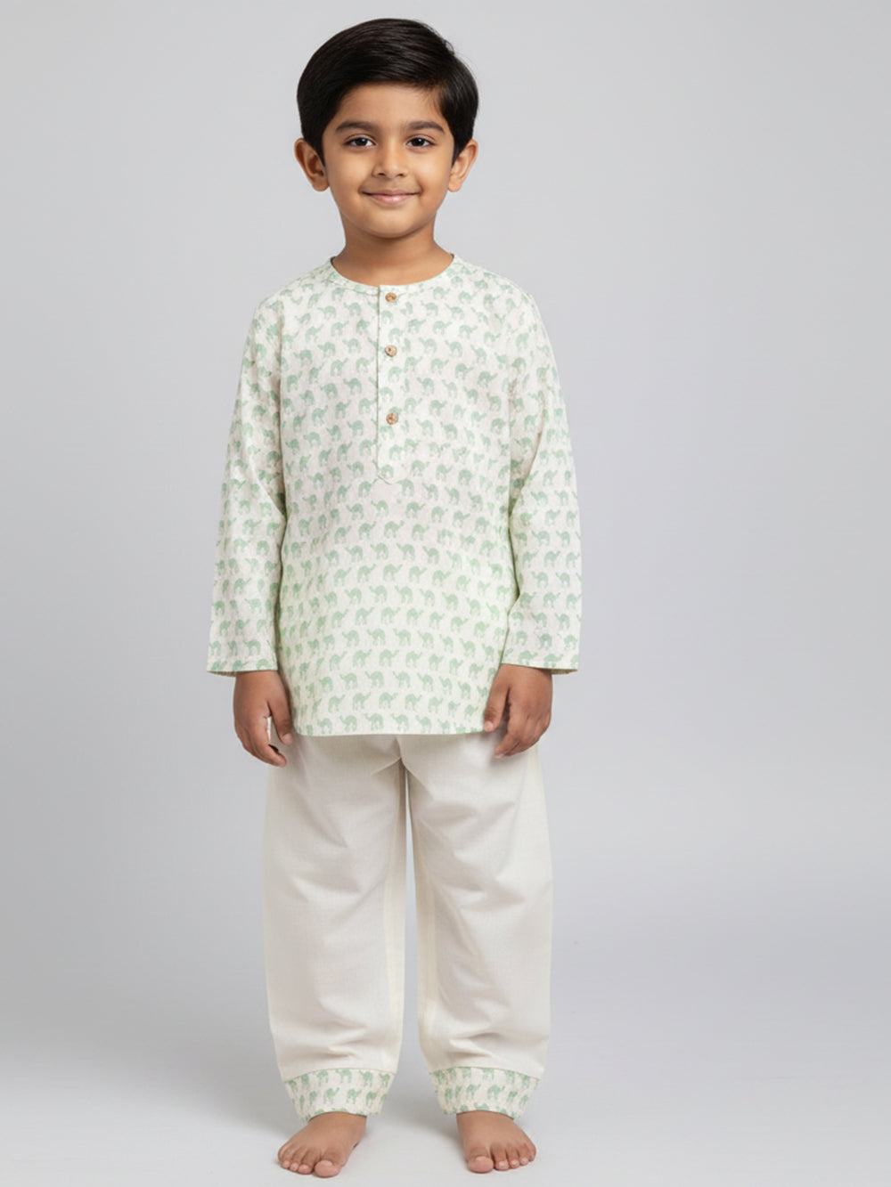 Polka Tots Camel print Full sleeves Nightwear Kurta pyjama set - Green