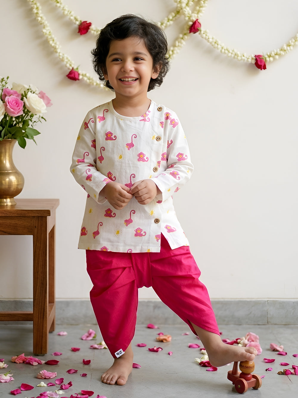 Polka Tots Full Sleeve Nautanki Bandar Print Kurta With Dhoti -Pink