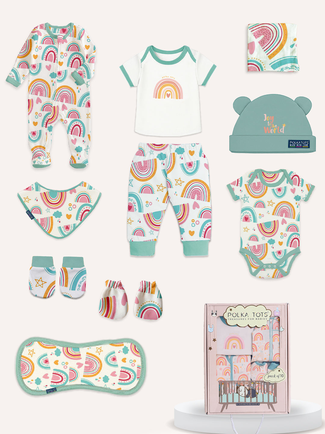 Polka Tots Pack of 10 Rainbow Print Jumbo Newborn Gift Hamper Set - Multicolor
