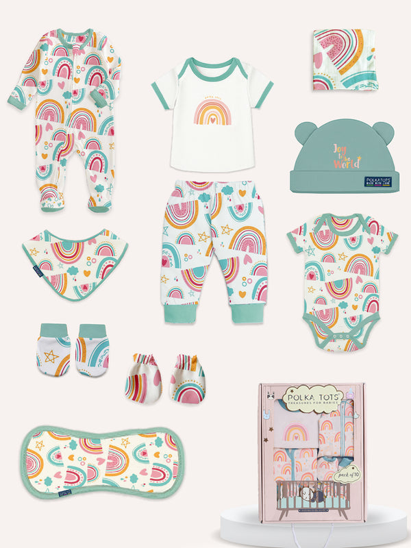 Polka Tots Pack of 10 Rainbow Print Jumbo Newborn Gift Hamper Set - Multicolor