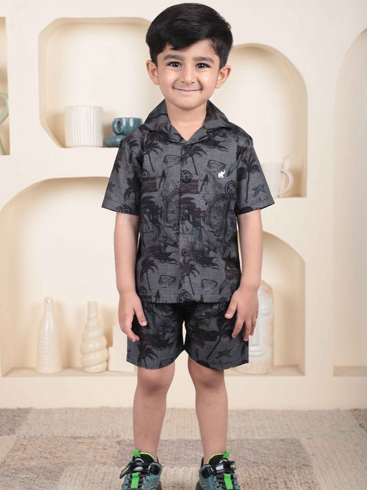 Polka Tots Half Sleeves Tropical print co-ord set - Black