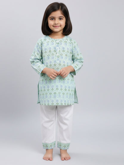 Polka Tots Pineapple print Full sleeves Nightwear Kurta pyjama set - Green