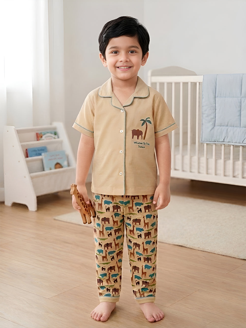 Polka Tots Half sleeves Jungle Club Print Night Suit - Multicolour