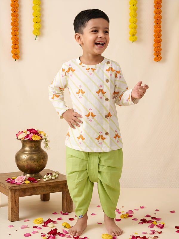 Polka Tots Full Sleeve Mithi Chidiya Print Angrakha Top With Dhoti - Green