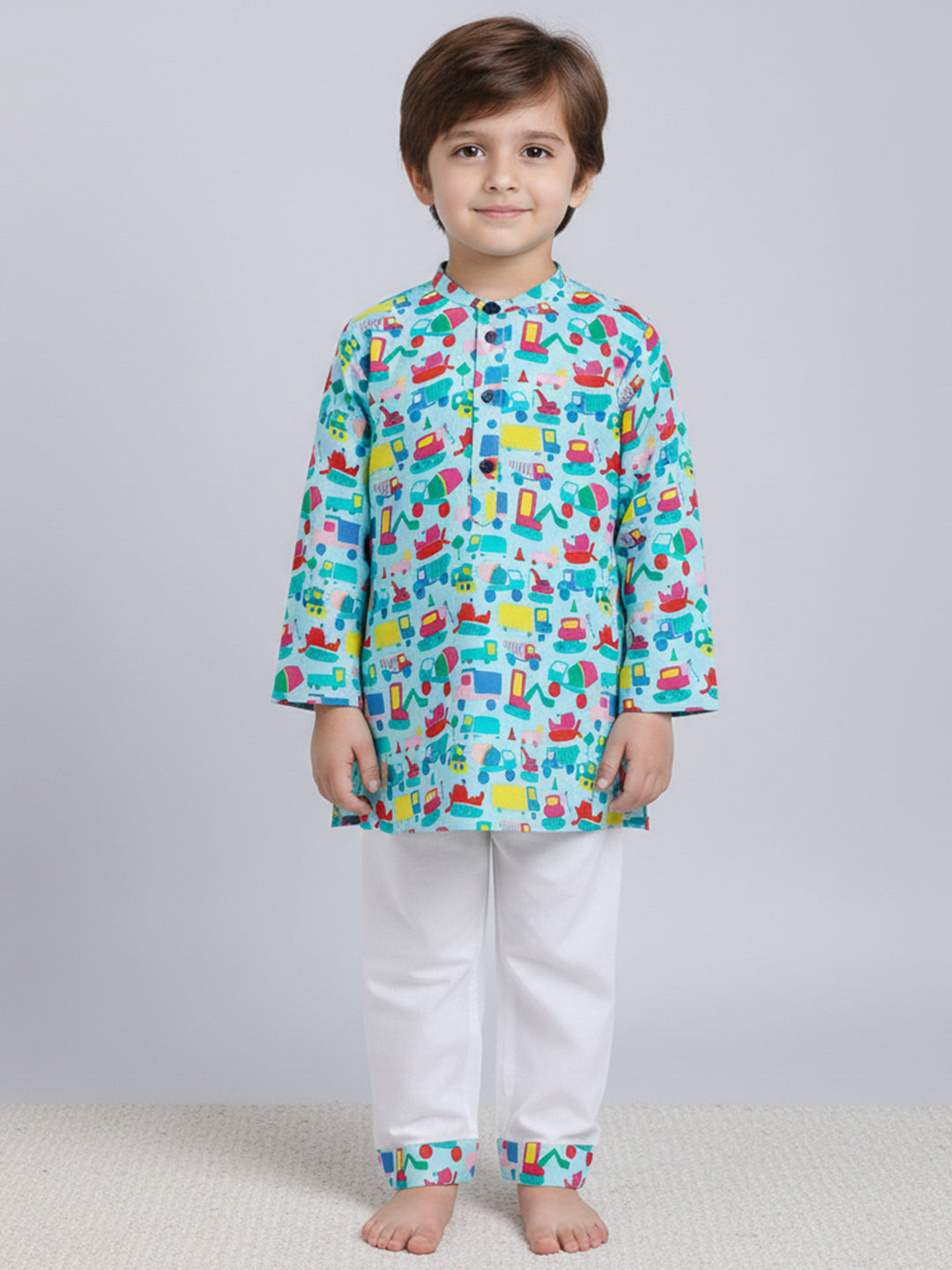 Polka Tots Truck print Full sleeves Nightwear Kurta pyjama set -Green