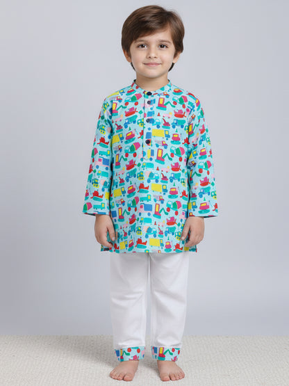 Polka Tots Truck print Full sleeves Nightwear Kurta pyjama set -Green