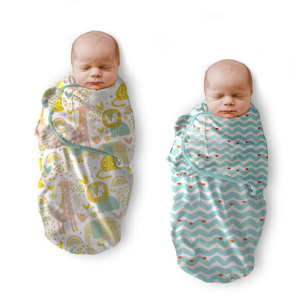 Polka Tots Pack of Two Jungle and Wave print Swaddle Wraps - Multicolor