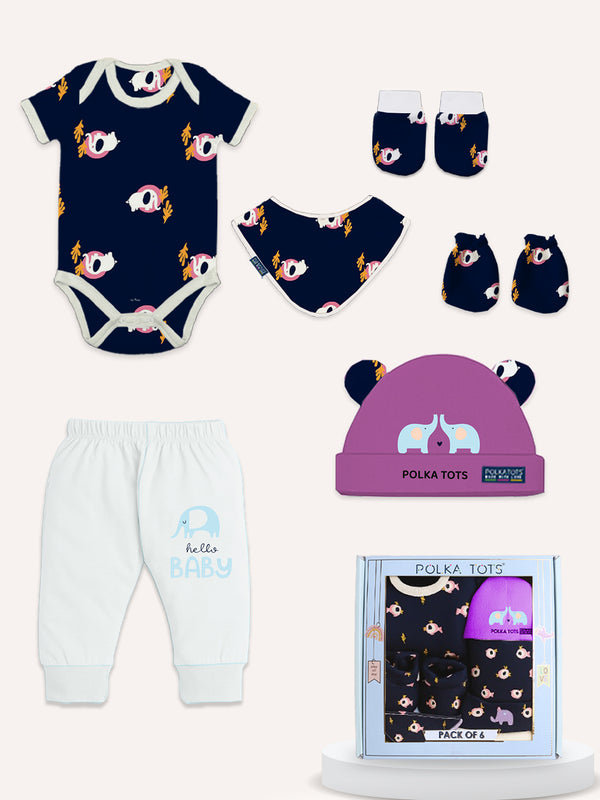Polka Tots Pack of 6 Elephant Print Mini Newborn Gift Hamper Set - Navy