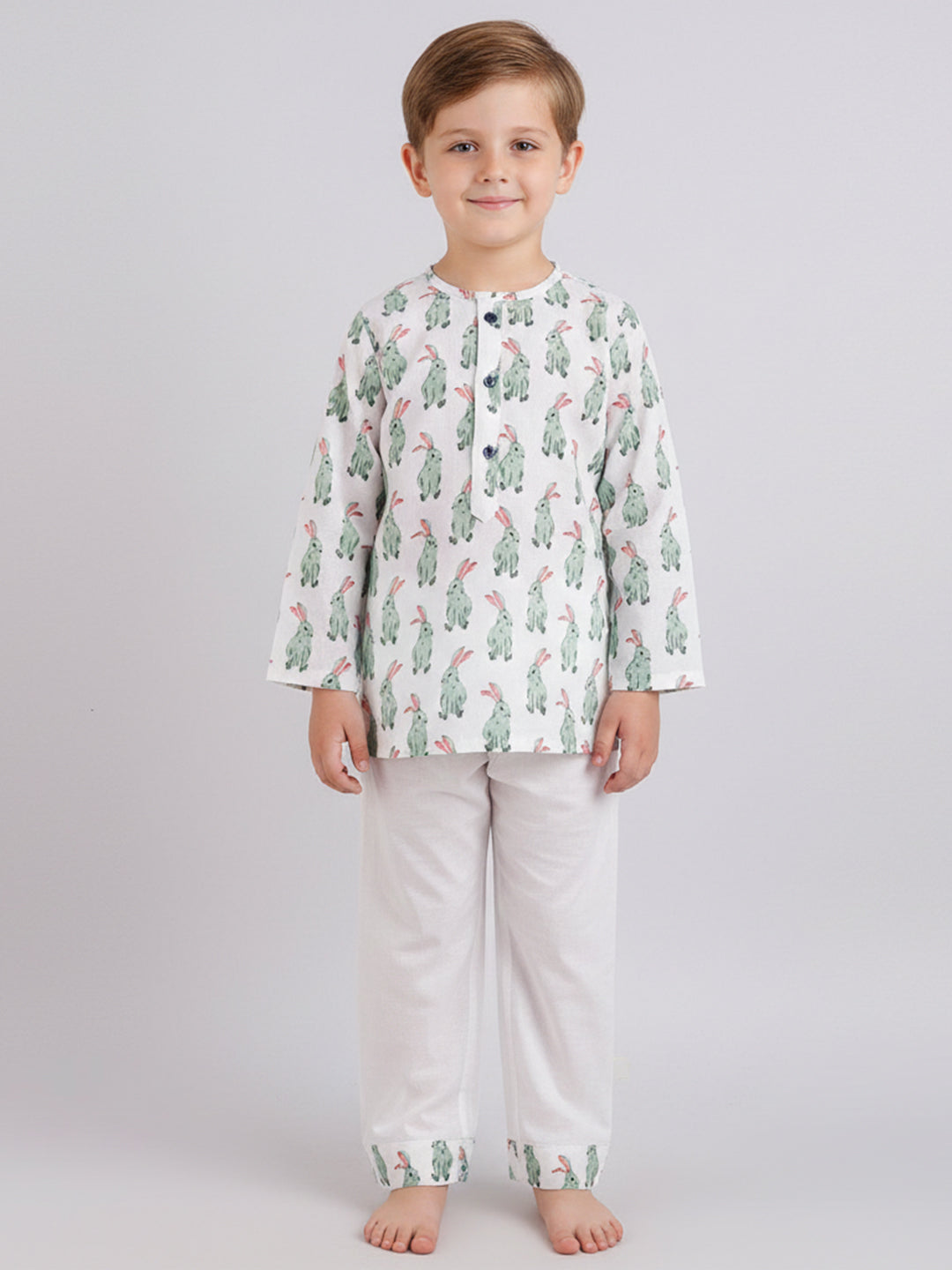 Polka Tots Rabbit print Full sleeves Nightwear Kurta pyjama set - White