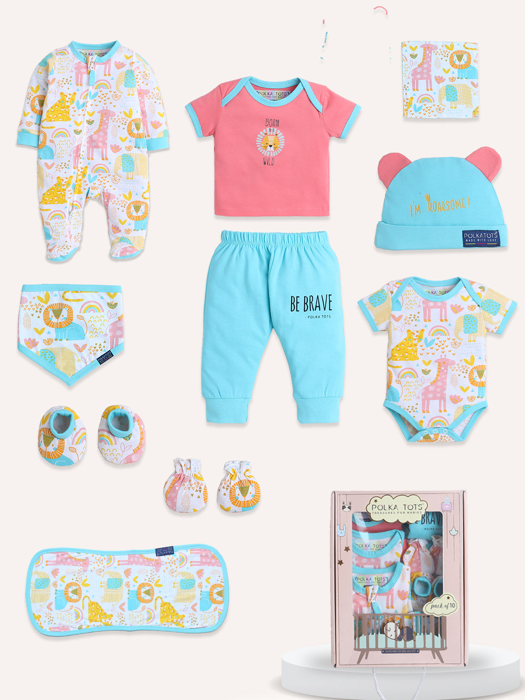 Polka Tots Pack of 10 Jungle Print Jumbo Newborn Gift Hamper Set - Multicolor