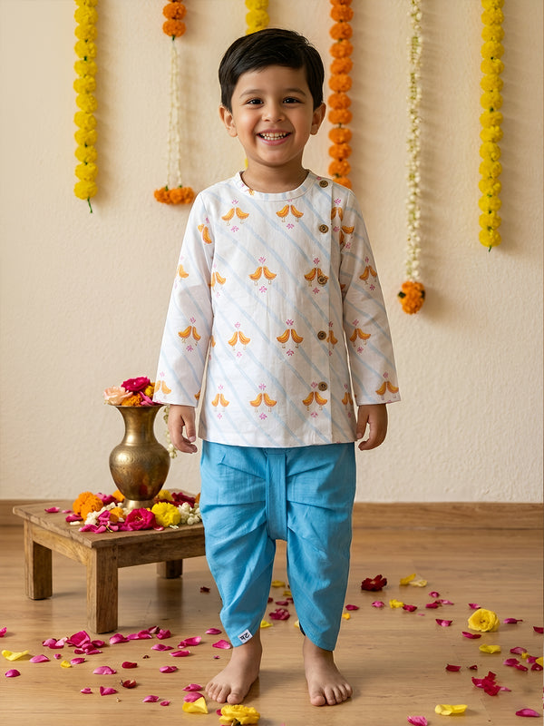 Polka Tots Mithi Chidiya Print Angrakha Top With Dhoti - Blue