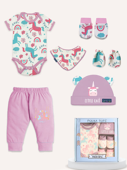 Polka Tots Pack of 6 Unicorn Print Mini Newborn Gift Hamper Set - Lavender