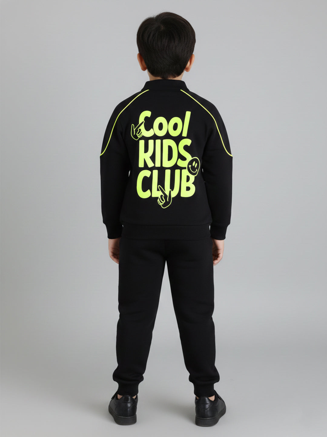 Polka Tots Full Sleeve Neon Piping “Cool Kids Club” Sweatshirt & Co-ord Jogger Set – Black