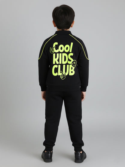 Polka Tots Full Sleeve Neon Piping “Cool Kids Club” Sweatshirt & Co-ord Jogger Set – Black