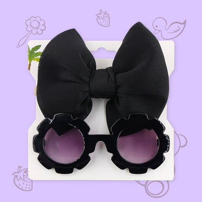 Polka Tots Free Size Bow Headband & Floral Sunglass Set - Black